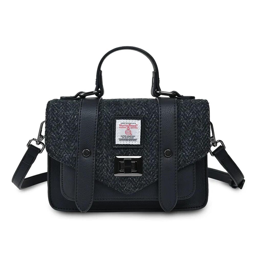 4947 Harris Tweed Mini Satchel, Handbag , Flap and Microfiber Leather Black